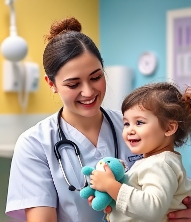 compassionate urgentcare nurse, smiling reassuringly, comforting a child, photorealistic, a cozy treatment room with colorful walls and medical tools, highly detailed, the child holding a toy, high dynamic range, soft pastel colors, gentle lighting, shot with a macro lens.