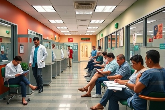 bustling primary care office, busy atmosphere, scheduling appointments, photorealistic, reception area with patients sitting and filing paperwork, highly detailed, subtle movement in background, vibrant color scheme, bright overhead lights, shot with a 24mm lens.