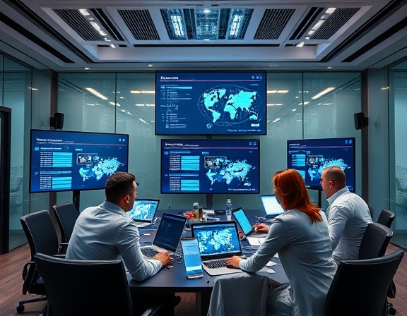 insurance network meeting, collaborative, discussing policy overviews, photorealistic, modern conference room with screens, highly detailed, live data exchange, 12MP resolution, corporate color scheme, balanced overhead lighting, shot with a zoom lens.
