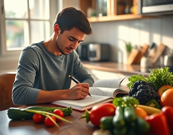 encouraged individual, thoughtfully writing in a diet journal, tracking progress, photorealistic, cozy kitchen setting with fresh vegetables laid on the counter, highly detailed, sun rays streaming through the window, fine resolution, warm hues, soft morning light, shot with a 24mm lens