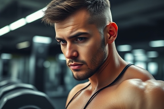 aspiring person, intensely focused, lifting weights at the gym, photorealistic, sleek modern gym interior with equipment neatly arranged, highly detailed, sweat glistening on skin, sharp clarity, muted tones, artificial gym lighting, shot with an 85mm lens
