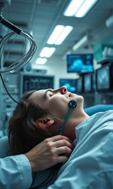 clinical sleep study, curious, scientists monitoring a subject with sensors attached, photorealistic, in a high-tech lab filled with screens and equipment, highly detailed, heart rate monitor beeping softly, neutral tones, soft fluorescent lighting, shot with a macro lens
