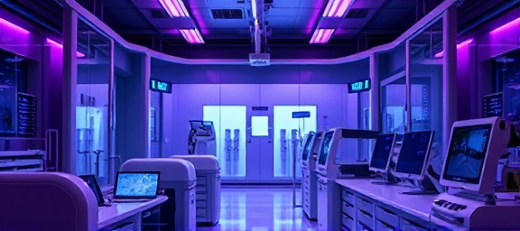 cutting-edge healthcare technology, determined, advancing treatments, photorealistic, innovative biotech lab, highly detailed, gene editing tools and virtual reality modules, ultra-high resolution, deep purples and metallic grays, laboratory fluorescent lighting, shot with a 35mm lens