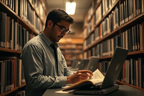 pioneering cashlab research, meticulous researcher, gathering empirical data, photorealistic, quiet library setting with rows of books, highly detailed, notebooks and a laptop open, 24mm lens, soft sepia tones, dimmed overhead lights, shot with a Sigma 24mm f/1.4 DG HSM Art lens