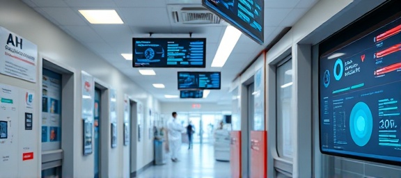 progressive healthcare innovation, confident, optimizing patient outcomes, photorealistic, busy urban hospital with AI systems, highly detailed, advanced data analytics displays, high-definition, bold colors and clean aesthetics, diffused lighting, shot with a telephoto lens