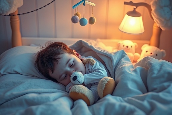 tranquil sleep home, serene, child napping with a teddy bear under a quilt, photorealistic, in a cozy nursery with soft toys and a mobile above, highly detailed, nightlight casting shadows, pastel colors, gentle lamp glow, shot with a wide-angle lens