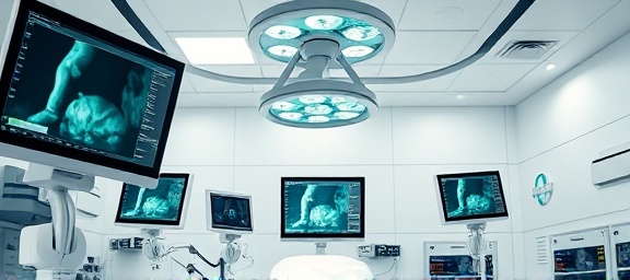 streamlined healthcare quality, assured, enhancing service delivery, photorealistic, sophisticated surgery room, highly detailed, real-time monitoring screens and robotic arms, 4K clarity, sterile whites and calming greens, focused overhead lighting, shot with a macro lens