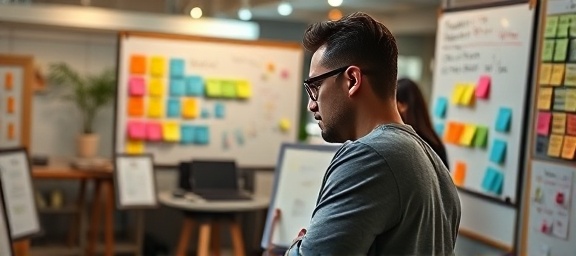 cutting-edge cashlab innovation, visionary engineer, developing fintech solutions, photorealistic, open-concept workspace with whiteboards and sticky notes, highly detailed, brainstorming session in progress, 50mm lens, vibrant colors, ambient lighting, shot with a Nikon Z 50mm f/1.8 S lens