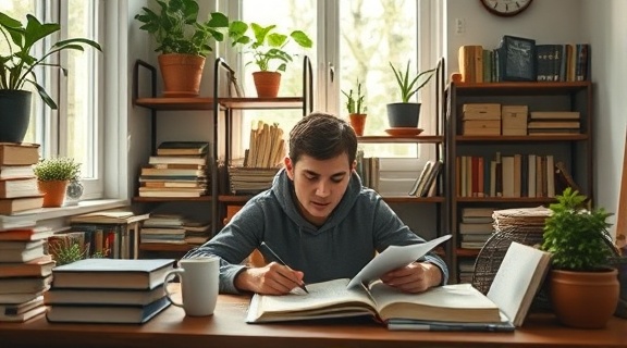 organized study home, studious, person surrounded by books and notes, photorealistic, in a sunlit room with shelves filled with plants and stationary, highly detailed, a cup of steaming coffee beside them, forest greens and browns, soft natural lighting, shot with a 24mm lens
