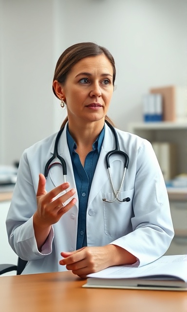 female primary care doctor, attentive expression, explaining diagnosis, photorealistic, well-equipped office with a desk and medical books, highly detailed, slight hand gestures, neutral color palette, balanced overhead lighting, shot with an 85mm lens.