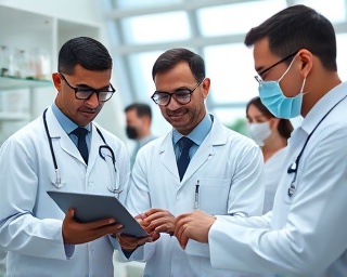 emerging healthcare innovation, optimistic, transforming diagnostics, photorealistic, research lab with diverse scientists, highly detailed, digital tablets and AI analysis, 8K resolution, vibrant colors, natural window lighting, shot with a 24mm lens