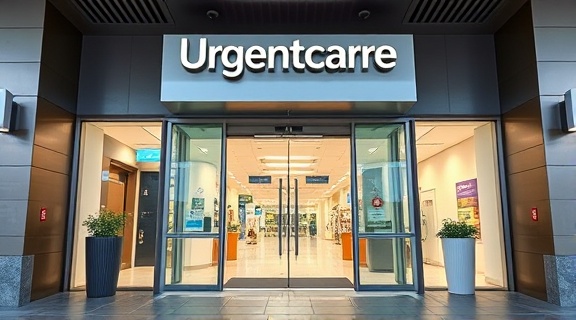 urgentcare facility entrance, inviting atmosphere, welcoming visitors, photorealistic, a modern sleek building with glass doors and clear signage, highly detailed, automatic doors sliding open, crisp image quality, vivid colors, natural daylight, shot with a panoramic lens.