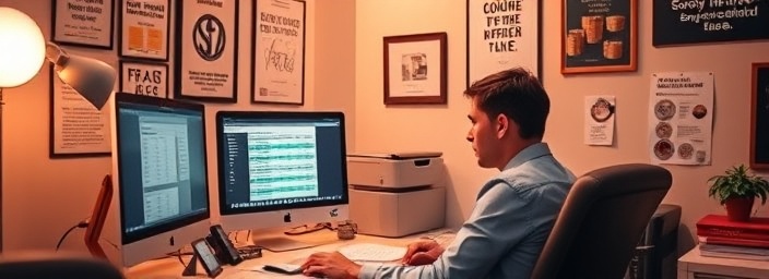 innovative cashlab, curious intern, learning financial modeling, photorealistic, tidy cubicle with motivational posters, highly detailed, computer monitor displaying spreadsheets, 28mm lens, warm pastel tones, desk lamp lighting, shot with a Tamron 28-75mm f/2.8 Di III RXD lens