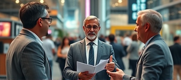 experienced insurance agent, professional, interacting with clients, photorealistic, busy city office backdrop, highly detailed, animated discussion, 8K clarity, diverse color palette, soft artificial lighting, shot with a portrait lens.