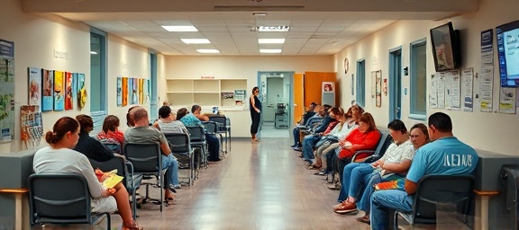 urgentcare clinic waiting room, busy but organized, filled with patients, photorealistic, seated area with comfortable chairs and magazines, highly detailed, children playing with toys, deep field depth, soft earth tones, warm artificial lighting, shot with a 35mm lens.