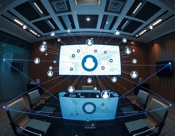 network diagram of insurance policies, informative, illustrating policy linkages, photorealistic, corporate boardroom with digital displays, highly detailed, lines and nodes in motion, 4K resolution, professional colors, soft ambient lighting, shot with a fisheye lens.