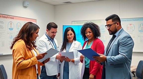 multicultural primary care team, collaborative energy, reviewing medical charts, photorealistic, spacious meeting room with whiteboard and digital screens, highly detailed, dynamic gestures and interactions, diverse color accents, focused overhead lighting, shot with a 40mm lens.