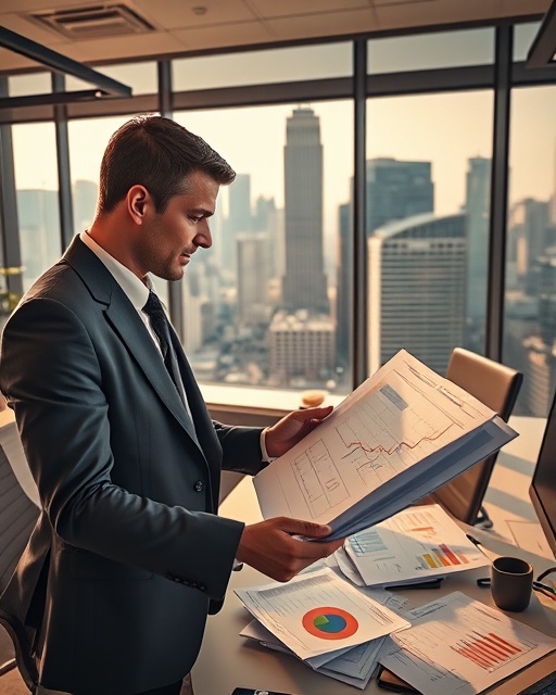 dynamic cashlab finance, confident analyst, reviewing economic trends, photorealistic, bustling office with city skyline view, highly detailed, graphs and charts scattered, 35mm lens, warm neutral tones, natural daylight, shot with a Sony FE 35mm f/1.4 GM lens