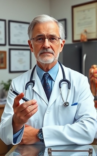 experienced urgentcare doctor, confident and knowledgeable, explaining a diagnosis, photorealistic, a spacious office with certificates and anatomical models, highly detailed, gesturing with a pen, sharp clarity, natural skin tones, directional side lighting, shot with an 85mm lens.