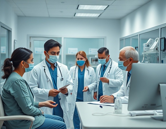 dedicated urgentcare medical team, focused and attentive, diagnosing patients, photorealistic, inside a well-equipped clinic with various medical equipment, highly detailed, doctors and nurses consulting, high fidelity, neutral colors with blue accents, ambient indoor lighting, shot with a 50mm lens.