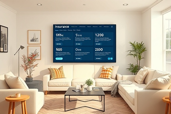 insurance network interface, user-friendly, navigating policy options, photorealistic, contemporary home work setup, highly detailed, interactive elements, screen-rendered graphics, pastel color scheme, warm lighting, shot with a standard lens.