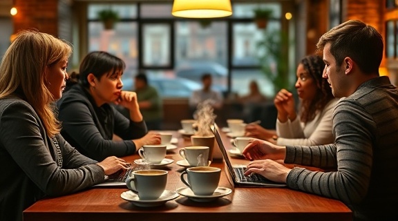 motivated group, energetically sharing tips, part of a weight loss support meeting, photorealistic, cozy coffee shop ambiance with chatter and typing sounds, highly detailed, steaming cups of coffee on the table, clear print, natural wood and burgundy, warm incandescent lighting, shot with a 50mm lens