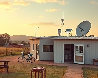 accessible healthcare access, inclusive, bridging communities, photorealistic, rural clinic with telemedicine setup, highly detailed, satellite dishes and mobile units, HDR imaging, earth tones and soft pastels, warm afternoon light, shot with a wide-angle lens