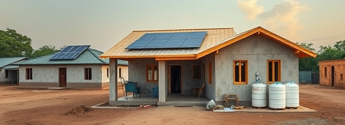 equitable healthcare access, hopeful, reaching underserved areas, photorealistic, community health center under construction, highly detailed, solar panels and water filtration systems, detailed imagery, earth tones with hints of green, soft evening glow, shot with a 24-70mm lens
