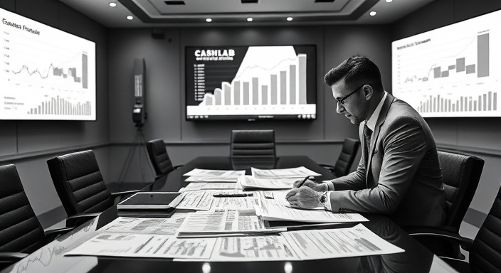 strategic cashlab investment, astute investor, evaluating portfolio performance, photorealistic, sleek boardroom with projectors displaying charts, highly detailed, financial documents spread on table, 105mm lens, crisp black and white, spot lighting, shot with a Canon RF 105mm f/2.8L IS USM lens
